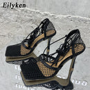¡Novedad de 2022! Sandalias de tacón de malla amarillas sexis de Eilyken, zapatos de vestir huecos de aguja con cordones y punta cuadrada para mujer