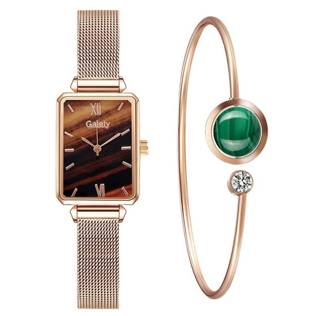 Gaiety Brand Damenuhren Fashion Square Damen Quarzuhr Armband Set Grünes Zifferblatt Einfache Rose Gold Mesh Luxus Damenuhren