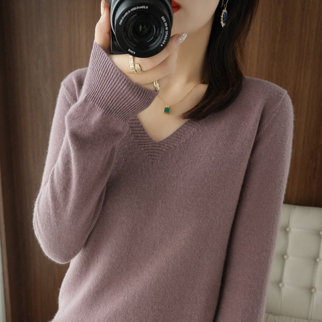 Autumn Winter New cashmere Sweater Woman V-Neck Pullover Lace collar Hollow Design Casual Knitted Tops Cashmere Female Sweater
