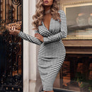 Autumn Long Sleeve Bodycon Elegant Office Lady Dress Fashion Houndstooth Print Sexy V-neck Slim Pencil Dresses For Women 2022