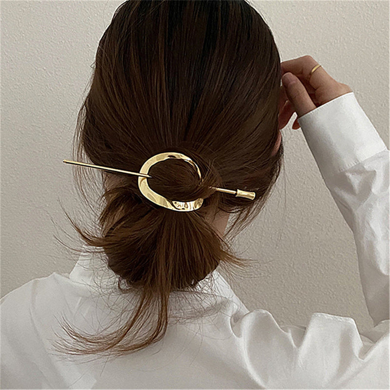 2021 Gold Silver Color Metal Geometric Round Square Hollow Removable Top Clip Hair Sticks Headwear Accessories for Women