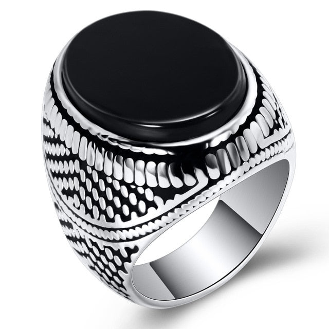 Vintage Handmade Turkish Jewelry Blue Stone Black Onyx Ring Retro Silver Color Men Wedding Ring Classic Punk  Engagement Jewelry