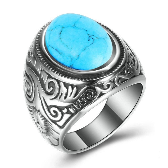 Vintage Handmade Turkish Jewelry Blue Stone Black Onyx Ring Retro Silver Color Men Wedding Ring Classic Punk  Engagement Jewelry