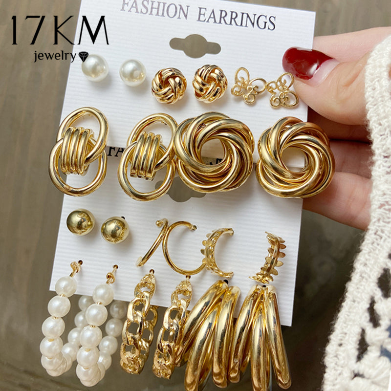 Conjunto de pendientes de Metal dorado geométrico Vintage de 17KM para mujer, pendientes colgantes de perlas Punk, conjunto de pendientes de tendencia 2021, joyería