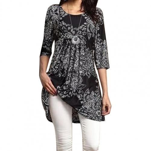 2021 blusa de moda para mujer, camisa larga de poliéster con estampado Digital negro, dobladillo grande, blusa de manga 3/4 para mujer y ropa superior para mujer