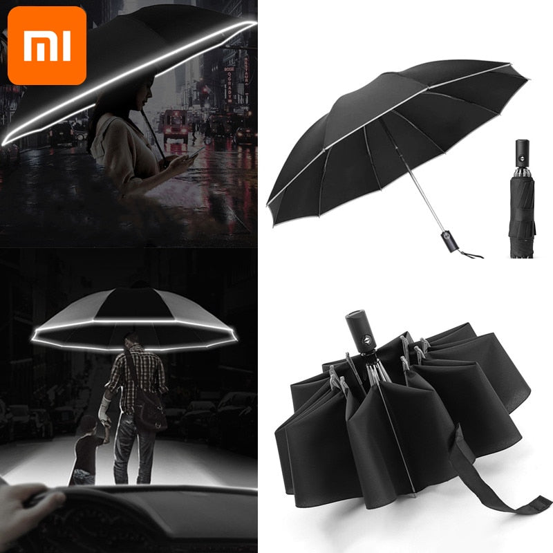 Paraguas automático Xiaomi con rayas reflectantes, paraguas con luz Led inversa, paraguas Academy 10 Ribs, paraguas invertido plegable de 3