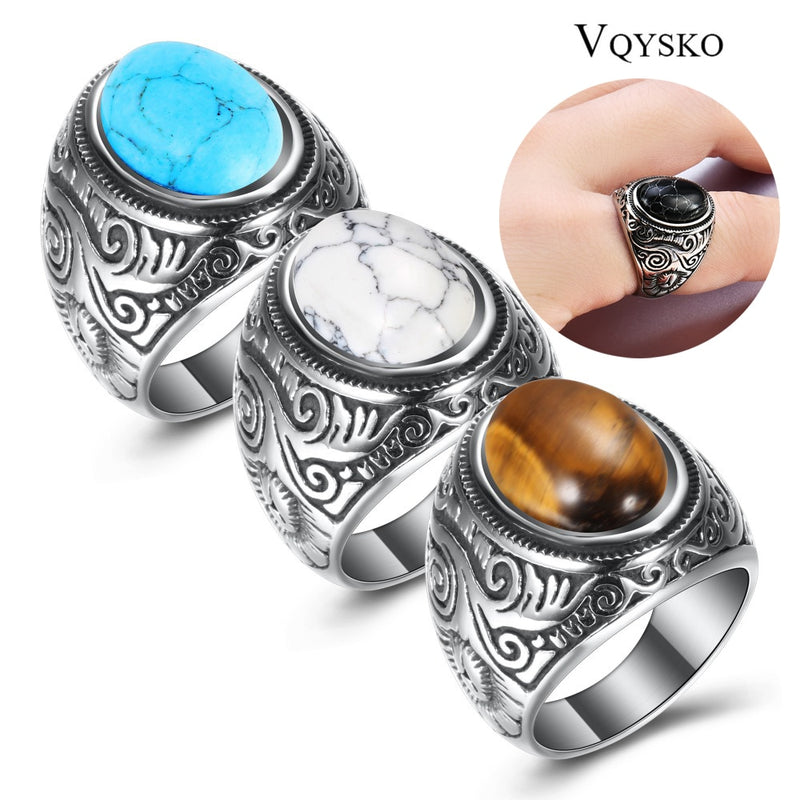 Venta al por mayor, joyería Retro, anillos de piedra turquesa para hombres, anillo de ónix de tres colores con incrustaciones de acero de titanio, anillo de ópalo dominante para hombres