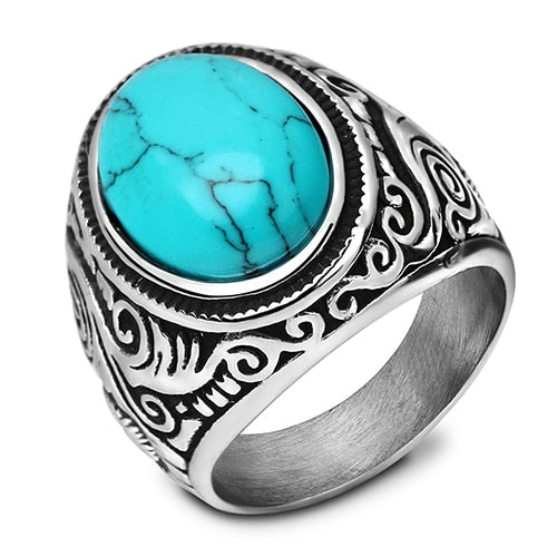 Großhandel Retro Schmuck türkis Stein Ringe für Männer Titan Stahl eingelegt drei Farben Onyx Ring Männer herrschsüchtig Opal Ring