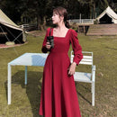 Long Sleeve Dress Women Holiday Elegant Ankle-length Female Square Collar Simple Trendy Korean Style Leisure Streetwear Slim Ins