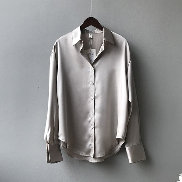 Satin Shirts Mode Langarm Bluse Frauen Herbst Vintage Button Up Weiß Lose Damenhemden Weibliches Seidenhemd Frauen 11355