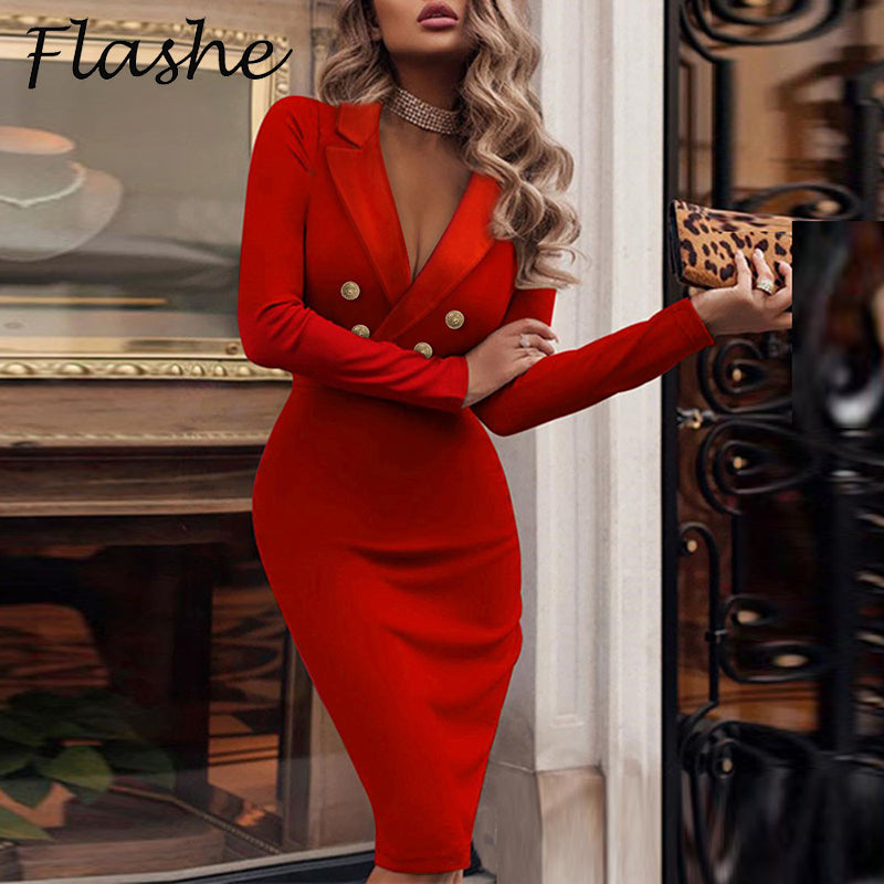 Sexy Deep V-neck Long Sleeve Slim Dress Women Fall Fashion Solid Double Breasted Elegant Office Ladies Dress Party Dresses Robe