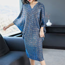 LANMREM 2022 High Quality New Fashion V Collar Pleats Batwing Sleeve Loose Dress For Women Print Clothing Vestido YE853