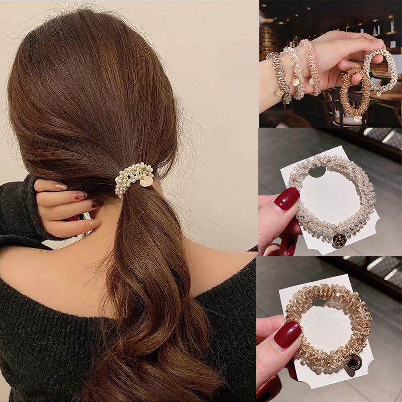 Women Elegant Crystal Pearl Hair Ring Ties  Beads Ponytail Holders Hair Accessories Elastic Hair Band Girls Scrunchies Bracelet