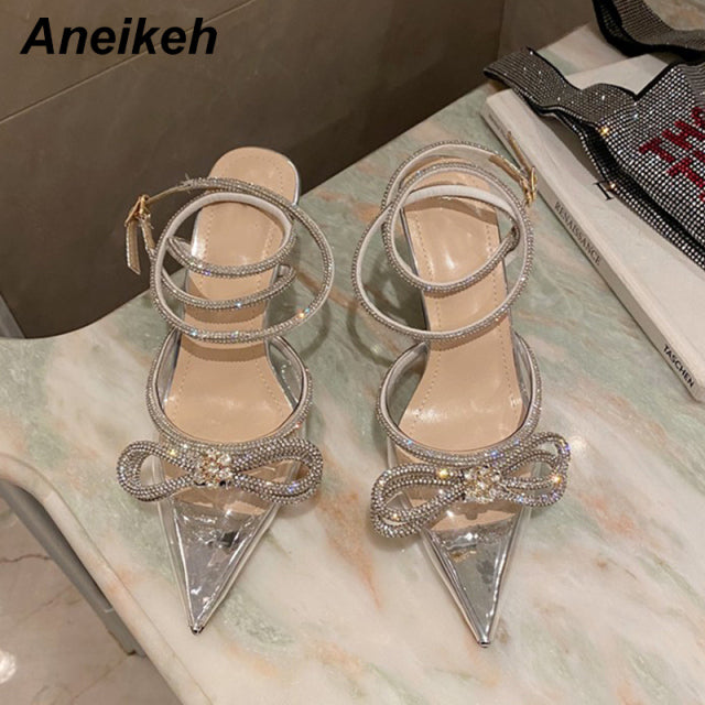 Aneikeh Frühling/Herbst 2022 Damenschuhe Mode Butterfly-Knot Schmalband Bling Patchwork Cross-Tied Crystal Pointed Toe Pumps
