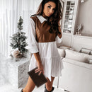Casual Long Sleeve Mini Shirt Dress For Women White 2021 Spring PU Leather Patchwork Plaid Woman Dresses Clothing Femme Robe