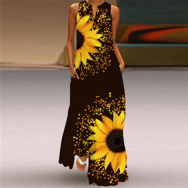 WAYOFLOVE 2022  Sleeveless Black Dress Summer Beach Casual Elegant Breathable Long Dresses Woman V Neck Rose Print Women&