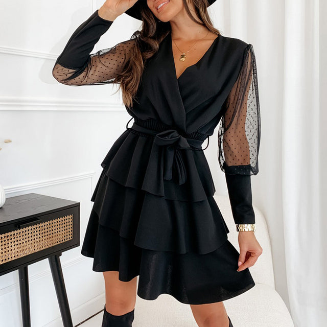 Frühlings-neue Damen-beiläufiges Büro-Minikleid 2022 Sommer-Verpackungs-V-Ausschnitt-elastische Taillen-Partei-Kleid für Frauen gekräuseltes Chiffon-Kleid
