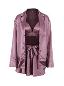 Champagne Bathrobes Set Woman 3 Pieces Ruched Robe Women&