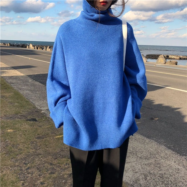 Suéter de cuello alto para mujer, jerséis tejidos sólidos de gran tamaño, jersey básico negro, azul y blanco, para primavera y otoño, 2021