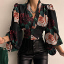 Primavera moda mujer camisa linterna manga larga Casual Color sólido impreso botones delgados cuello en V blusa conmutar High Street camisas