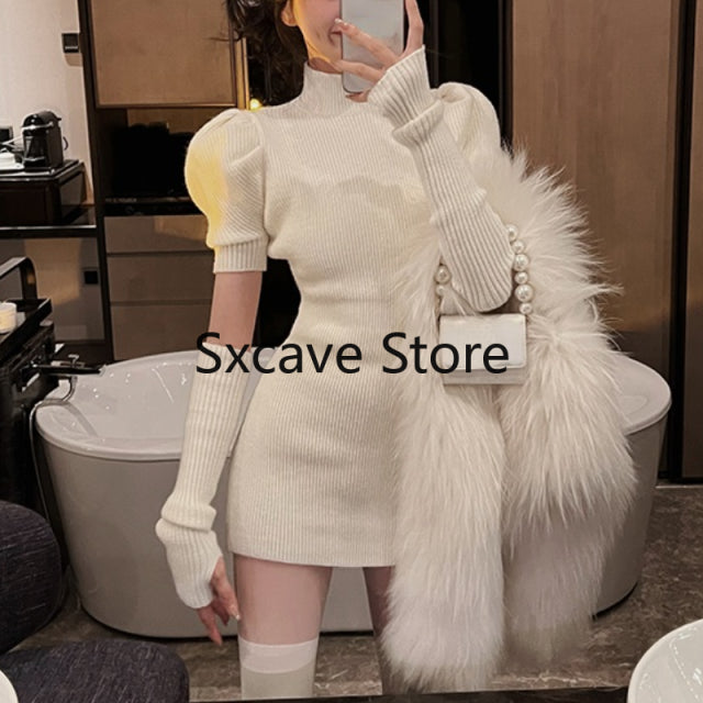 2022 Frühling Strickkleid Party Sexy Slim Casual Y2k Minikleid Pullover Frauen Design Langarm Elegantes Einteiliges Kleid Koreanisch
