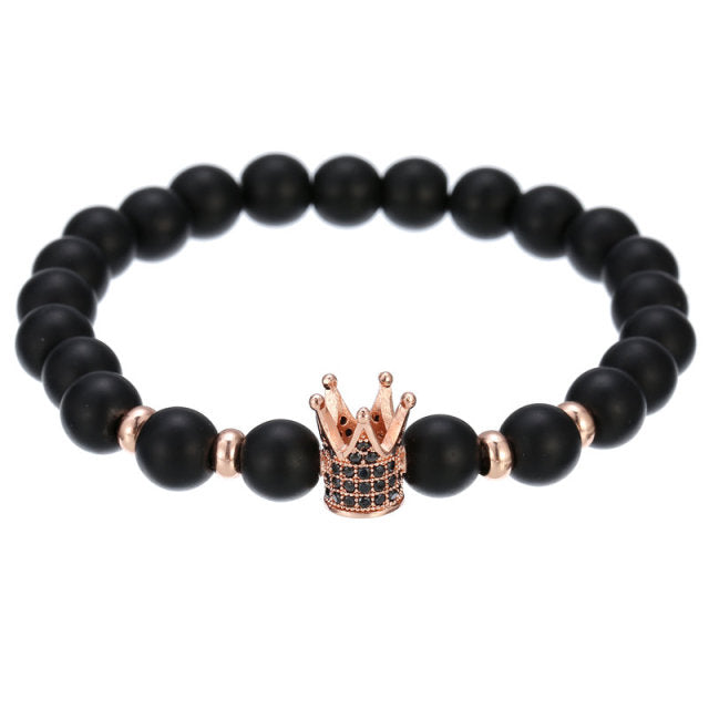 2022 moda Micro CZ rey corona encanto pulsera hecha a mano estiramiento hombres 8mm cuentas de cobre mujeres pulsera brazalete joyería