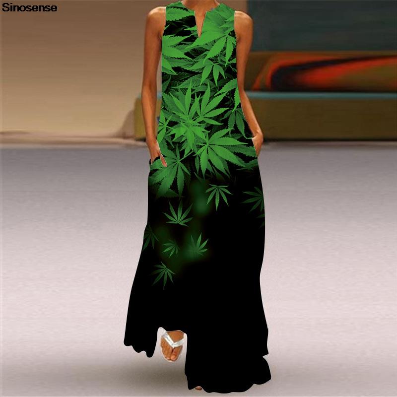 Vestido de talla grande para mujer 5XL Sexy cuello en V hojas florales estampado bohemio vestido de playa bolsillos una línea suelta gasa largo Maxi vestidos de fiesta