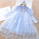 Girls Cartoon Dress 2022 Fall Fashion Frozen Elsa Princess Dresses Kids Long Sleeve Mesh Costume Crown+Magic Wand Girl Clothes