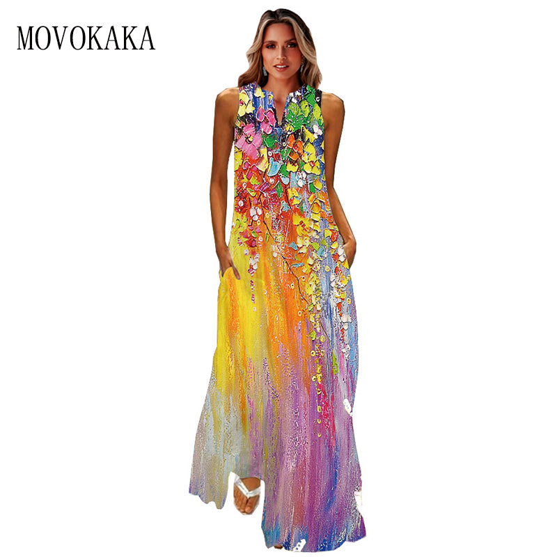 MOVOKAKA Primavera Verano estampado vestido largo mujer playa vacaciones Casual moda elegante vestidos fiesta sin mangas cuello en V Maxi vestidos