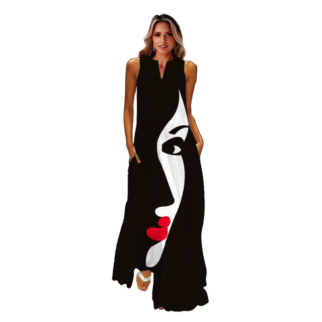 MOVOKAKA Spring Summer Print Long Dress Women Beach Holiday Casual Fashion Elegant Dresses Party Sleeveless V Neck Maxi Dresses