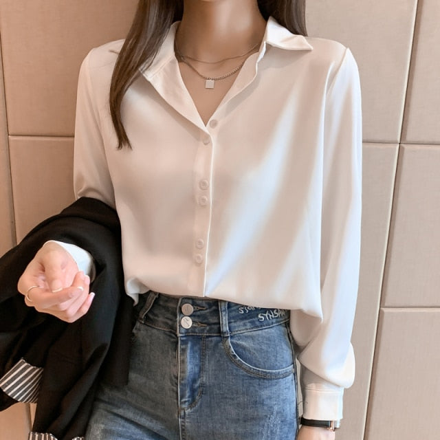 Blusas de manga larga de satén a la moda 2021, blusas Vintage OL blancas con botones, blusas sólidas con cuello en V para mujer, camisas de seda para mujer 17278