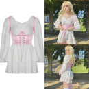 IAMHOTTY Chiffon Slash Neck Mini Dress Women Summer Beach Vacation Long Sleeve Corset Bandage Sundress Party Casual Dresses Pink