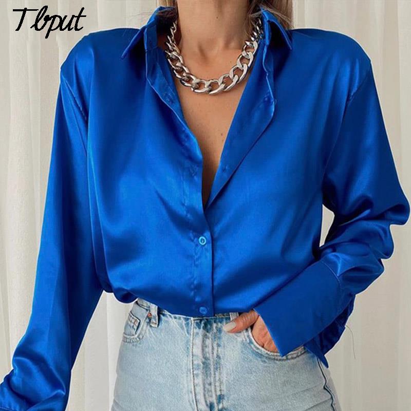 Women 2022 Elegant Satin Solid Long Sleeve Blouses Female Chic Vintage Blue Green Casual Loose Fitting Buttons Down Shirts Tops