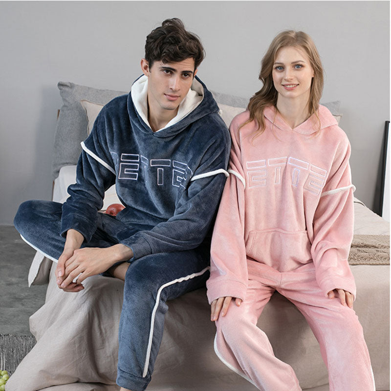 2022 nuevos pantalones de pijama de franela con capucha para hombre, conjunto de 2 unidades de ropa de dormir gruesa y cálida de invierno para parejas, conjunto de disfraces informales sueltos para el hogar