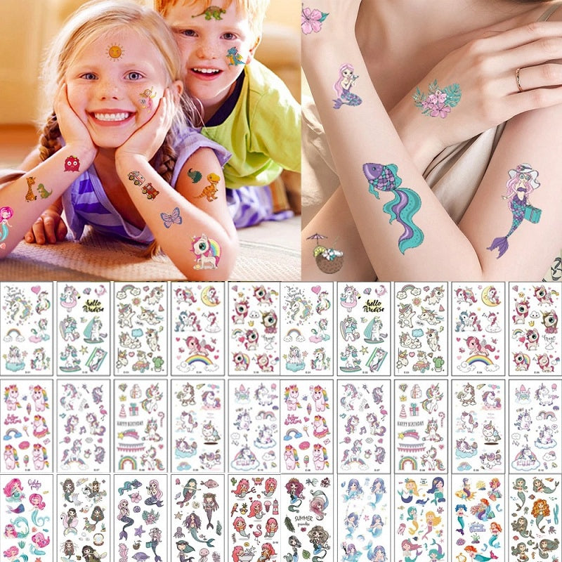 10 hojas/lote niños lindos dibujos animados unicornio tatuaje temporal pegatinas Baby Shower niños cuerpo maquillaje pegatina tatuajes sirena fiesta