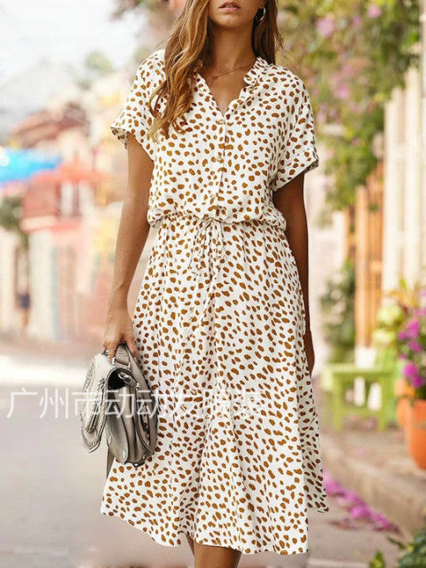 2021 Summer Polka Dot Dress Ladies Leopard Print Shirt Dress, Bohemian, Mid-length, High Waist, Beachwear, Vacation, Summer