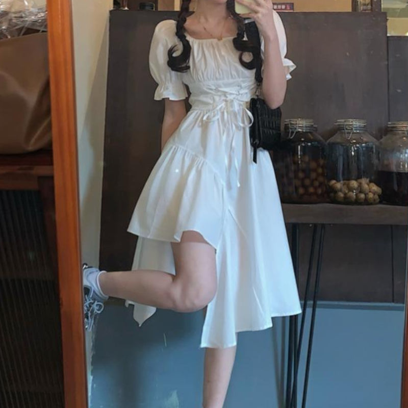 HOUZHOU Damen Weißes Kleid Herbst Elegant Vintage Kawaii Puffärmel Midikleid Quadratischer Kragen Bandage Sommerkleid Goth Outfits