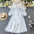 LY VAREY LIN New Spring Autumn Women Elegant Holiday Dresses Puff Sleeve Slash Neck Off Shoulder Smocked White Chiffon Dresses