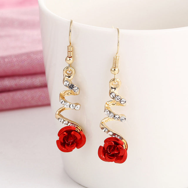 Joyería de moda 2022, pendientes étnicos de gota de rosa roja, pendientes grandes de diamantes de imitación Vintage para mujer, pendientes colgantes en espiral de oro rosa