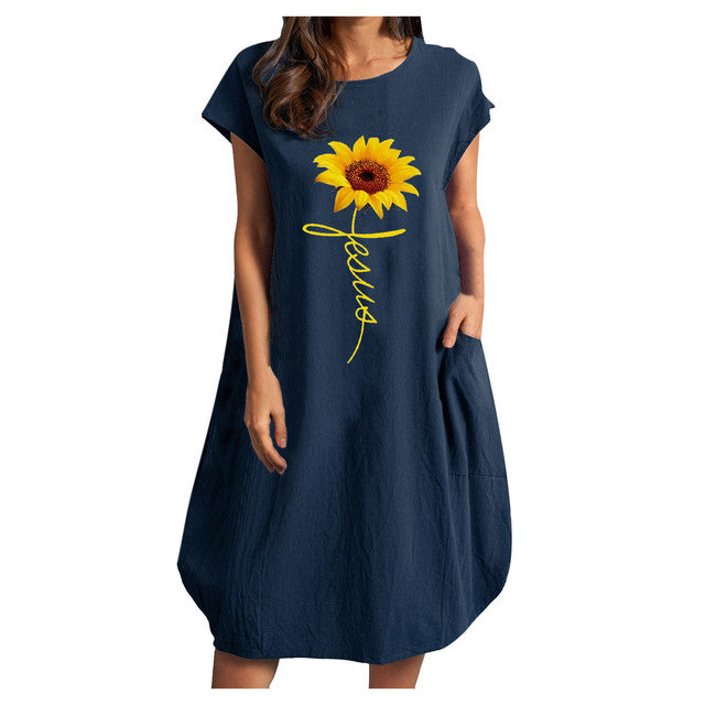 Women Casual O-Neck Short Sleeve Mid-Calf Summer Dress With Pocket Denim Basic Solid Dress Beach Party Loose Dress Holiday