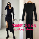spring and winter sexy French slit sweater dress female slim tight-fitting hip-knit over-the-knee dresses