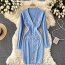Women Knitted Pencil Dress Korean Long Sleeve V Neck Elastic Slim Dress Autumn Winter Sexy Bodycon Warm Sweater Dress