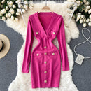 Women Knitted Pencil Dress Korean Long Sleeve V Neck Elastic Slim Dress Autumn Winter Sexy Bodycon Warm Sweater Dress