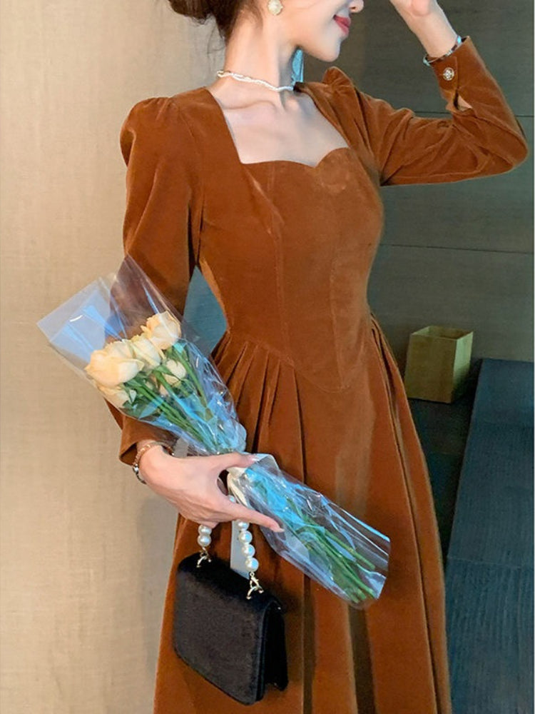 Frankreich Vintage Kleid Frauen Herbst Winter Solide Retro Elegante Abendgesellschaft Midikleid Lange Ärmel Koreanischen Stil Kleid Fee 2021