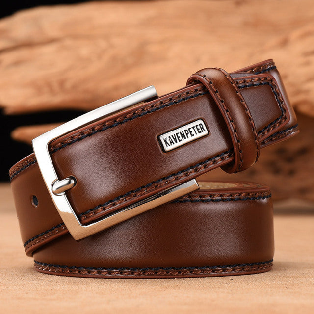 Men&#39;s Leather High Quality Classic Belt Alloy Pin Buckle Men&#39;s Matching Jeans Business Cowhide Belt Black Color Dark Brown Color