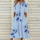 Elegante Damenkleider V-Ausschnitt Kurzarm Knopf Partykleid Damen Sommer Vintage Print Kleid Beiläufige Lose Blumendamenkleider