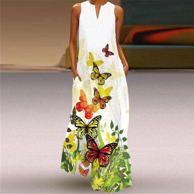 Summer Sleeveless Maxi Dresses Women Vintage Flowers Printed Bohemian Long Dress Robe Female Elegant V-Neck Beach Dress Sundress