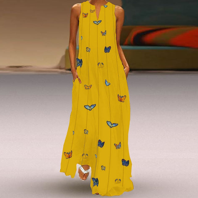 Sommer Ärmellose Maxikleider Frauen Vintage Blumen Gedruckt Böhmisches Langes Kleid Robe Weibliches Elegantes V-ausschnitt Strandkleid Sommerkleid