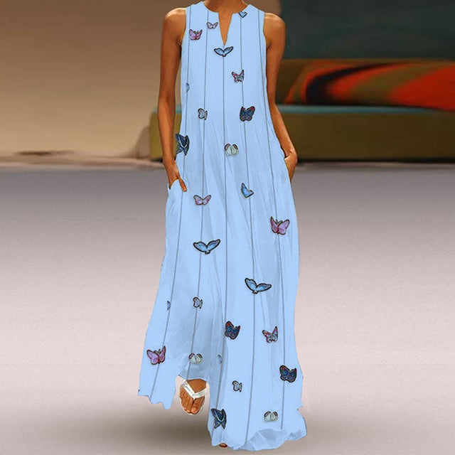 Summer Sleeveless Maxi Dresses Women Vintage Flowers Printed Bohemian Long Dress Robe Female Elegant V-Neck Beach Dress Sundress