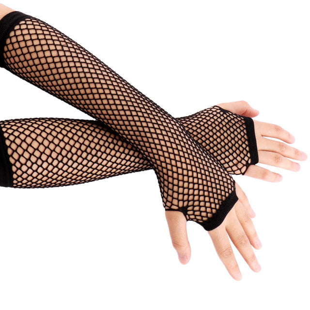 1 par de nuevos guantes largos sin dedos de red de neón a la moda para mujer